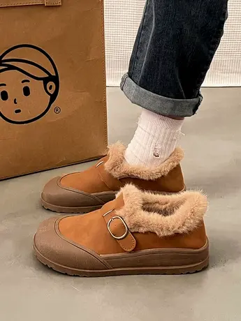 复古一脚蹬毛毛勃肯棉鞋子女冬季加绒保暖外穿2023新款爆款豆豆鞋商品大图