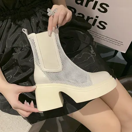 薄款厚底马丁靴女网纱松糕凉靴2024春夏季网红镂空高跟粗跟短网靴商品大图