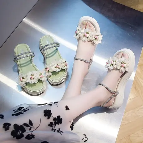 花朵凉鞋女平底仙女风优雅夏季鞋子配裙子时尚孕妇凉鞋显瘦脚女鞋商品大图