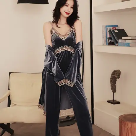 睡衣女春秋冬性感长袖睡裙睡袍可外穿2020新款潮金丝绒家居服套装图片