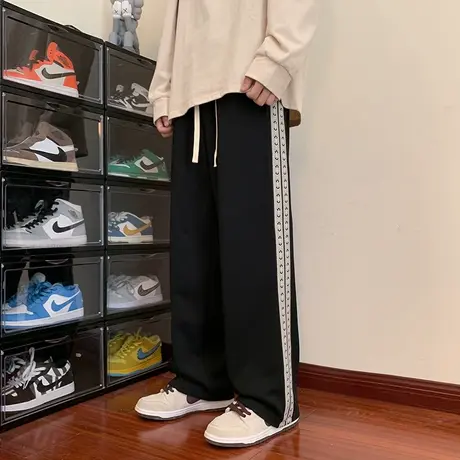 侧边条纹青少年运动卫裤男士直筒宽松阔腿拖地休闲长裤子秋季秋装图片