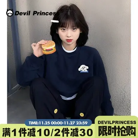 chic学院风宽松藏蓝色卫衣女2024秋冬新款卡通印花减龄小个子上衣商品大图