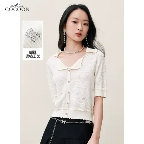 missCOCOON法式蝴蝶刺绣短袖针织T恤女2023夏季新款v领温柔风上衣商品大图
