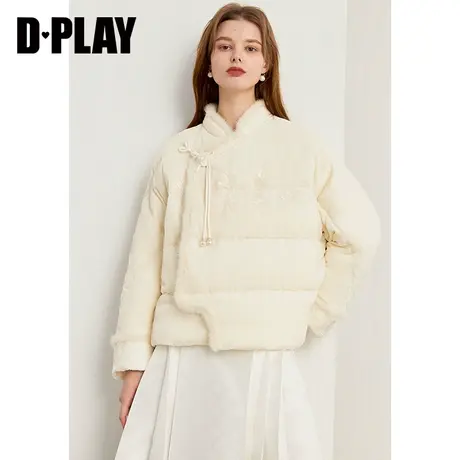 【白鹅绒】DPLAY2024春中式立领白色国风水貂毛拼接刺绣款羽绒服商品大图