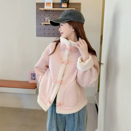 OtherMix 仿羊羔毛麂皮外套女2023秋冬新款宽松加绒保暖立领上衣图片