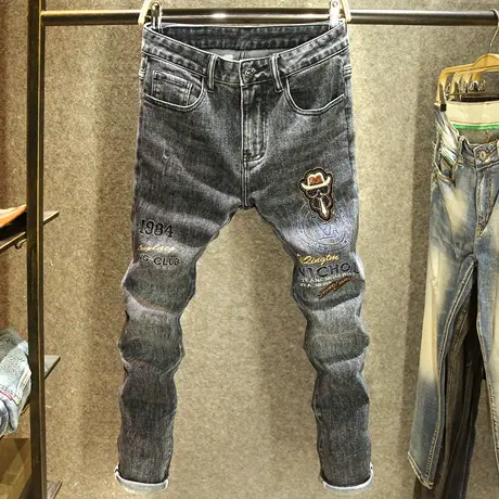 高端潮牌刺绣牛仔裤男款弹力修身小脚裤男士黑灰色百搭休闲长裤子商品大图