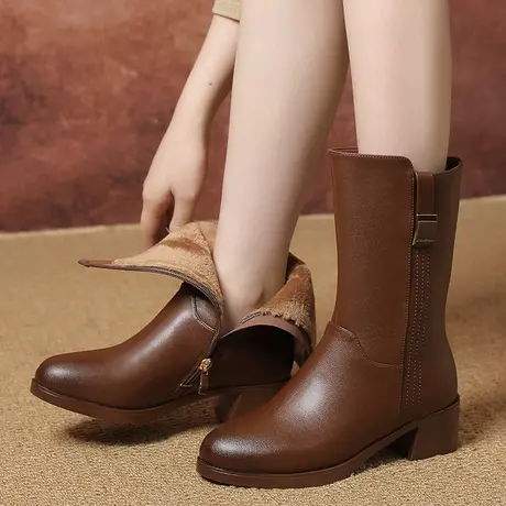 中筒靴女2023新款秋冬款厚底加厚大码女靴41一43加绒真皮中跟女靴图片