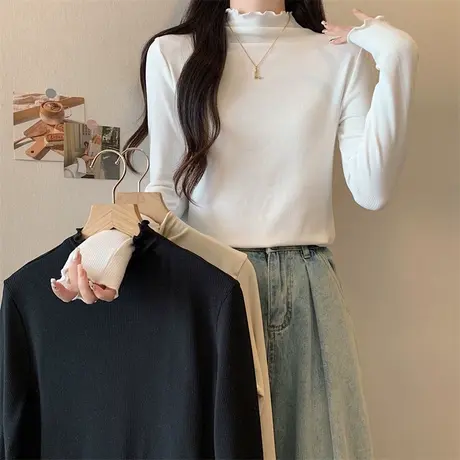 木耳边半高领长袖T恤女冬季加厚保暖修身打底衫内搭纯色德绒上衣商品大图