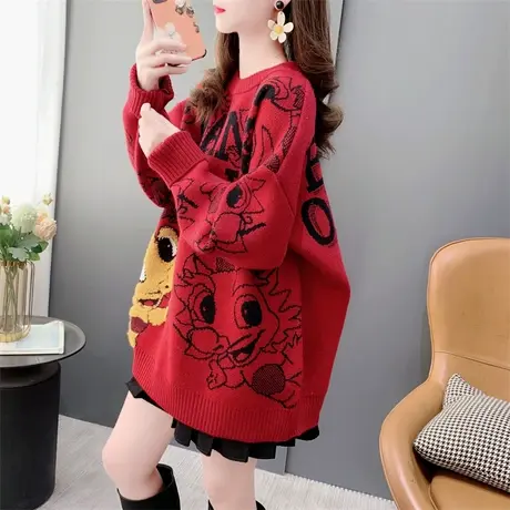 龙年本命年红色潮流圆领毛衣女秋冬2023年新款宽松加厚超好看上衣图片