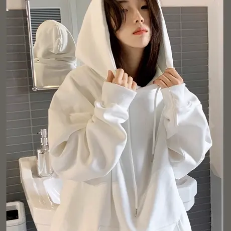 2024新款秋冬胖mm中长款加绒大码卫衣女外套200斤宽松黑色百搭潮图片