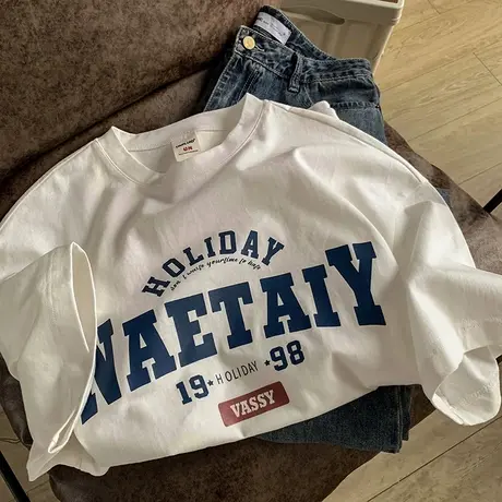 美式短袖T恤男夏季潮流简约纯棉印花半袖港风ins休闲宽松体恤衣服商品大图