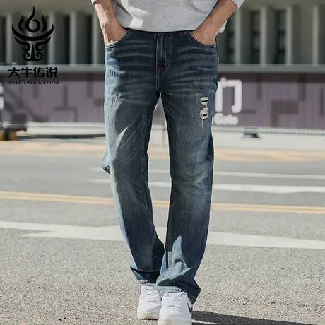 大牛传说2024年春季新款破洞补丁牛仔裤男士宽松直筒大码弹力长裤商品大图