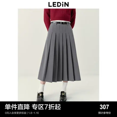 乐町学院风灰色百褶长裙春秋新款格雷系半身裙A摆挺括显瘦长半裙图片