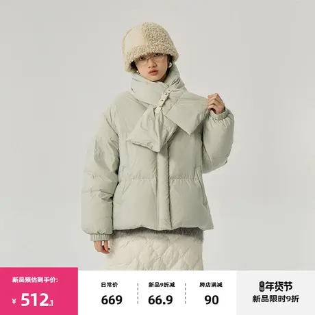 omont蛋挞家  复古围巾领羽绒服女2023冬季新款90白鸭绒保暖外套商品大图