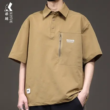 希越春季新款POLO衫男宽松休闲男士翻领打底衫拉链口袋短袖衬衣潮商品大图