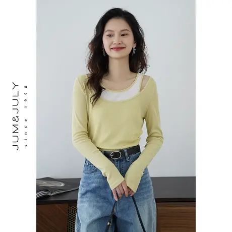 嘉茱莉2024春季新款假两件长袖T恤女士内搭打底衫小个子短款上衣商品大图