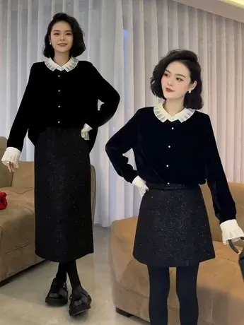 黑色气质金丝绒打底拼接衬衫女秋冬季法式高级感复古显瘦内搭上衣商品大图