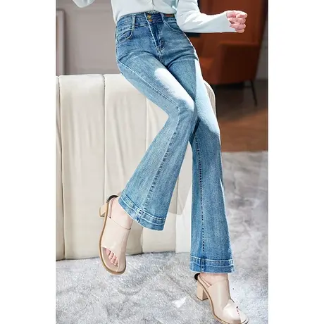 宝诗黎高腰蓝色微喇牛仔裤女春季2024新款百搭气质显瘦休闲长裤女商品大图