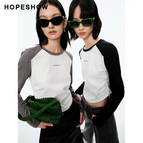 红袖拼色插肩袖圆领套头上衣hopeshow2024春季新款设计感抽绳长袖商品大图