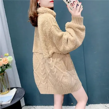慵懒风羊羔拼接毛衣外套女2021年冬季新款宽松加厚减龄针织衫上衣商品大图