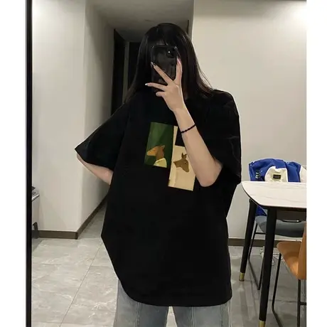 黑色纯棉短袖t恤女2023新款夏季宽松美式复古潮oversize半袖上衣商品大图
