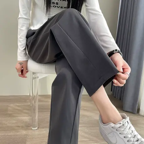 灰色阔腿西装裤女2024春秋新款高腰显瘦九分小个子垂感休闲直筒裤图片
