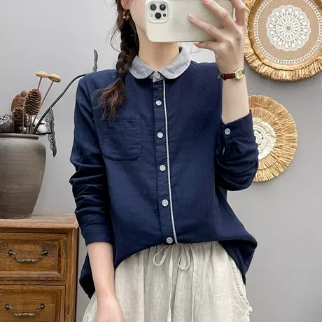 春秋季文艺小清新千鸟格子娃娃领双层棉纱长袖衬衫女宽松打底上衣商品大图