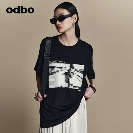 odbo 黑色设计感印花中长短袖t恤女2023夏季新款圆领白色上衣潮牌商品大图