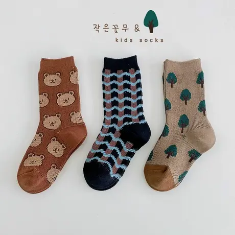 儿童袜子2024春款双针双路条纹小熊中筒袜3-12岁可爱男女宝宝袜子图片