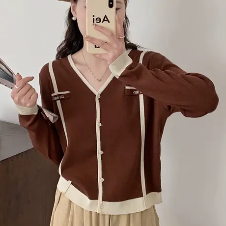 小香风短款针织开衫女装2024春装新款法式气质薄上衣短款拼色外套商品大图