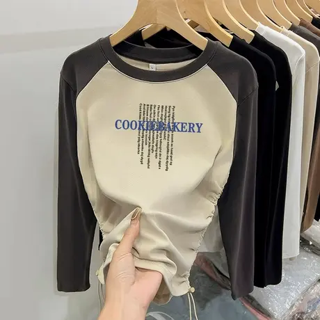 2024早春超火上衣女chic早春设计感抽绳正肩拼色长袖t恤收腰显瘦图片