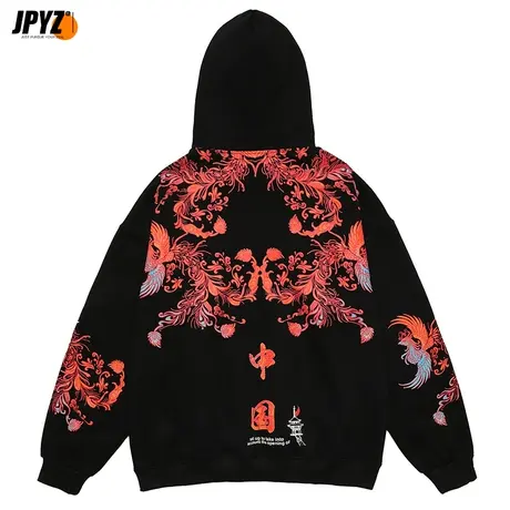 冬季加绒潮牌国潮中国风凤凰印花连帽卫衣男设计感小众男装外套商品大图