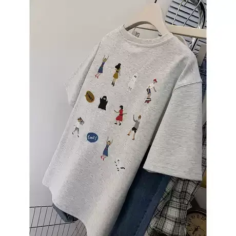 白灰色纯棉宽松正肩短袖T恤女2024夏季新款欧货大版中长款ins上衣商品大图