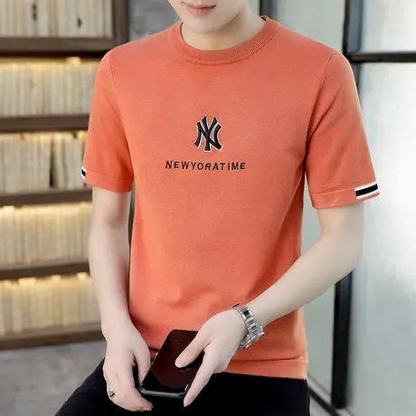 ins夏季新款冰丝短袖T恤男士薄款透气半袖上衣服圆领针织体恤潮流商品大图