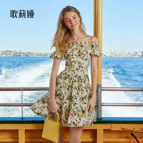 歌莉娅一字肩连衣裙法式出游碎花茶歇裙子收腰小个子女1B7R4K020商品大图