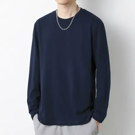 长袖t恤男纯棉宽松圆领上衣服纯色春秋款潮流全棉内搭打底衫体恤商品大图