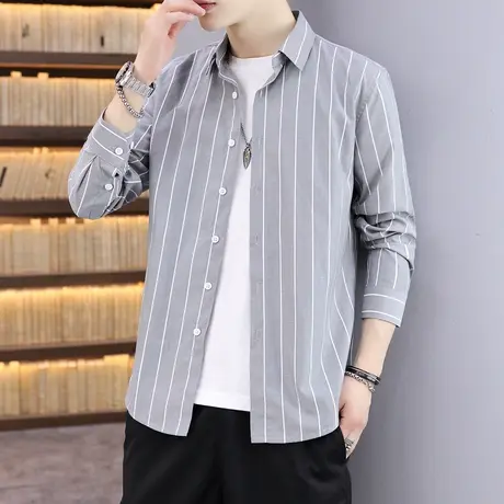 衬衫男长袖条纹外套休闲上衣服秋季韩版潮流修身帅气百搭衬衣男装商品大图