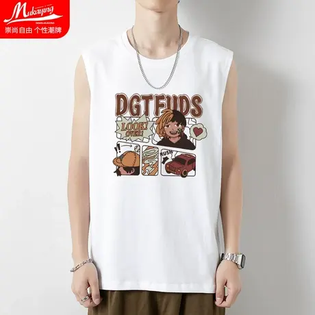 白色砍袖背心男夏季美式潮牌健身砍袖跨栏宽肩篮球运动无袖t恤衫商品大图
