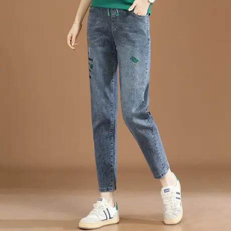 韩潮袭人松紧腰字母刺绣牛仔裤女2023年新款秋季哈伦长裤子商品大图