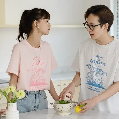 omont蛋挞家 复古印花情侣装宽松百搭短袖T恤女夏季2023新款上衣商品大图