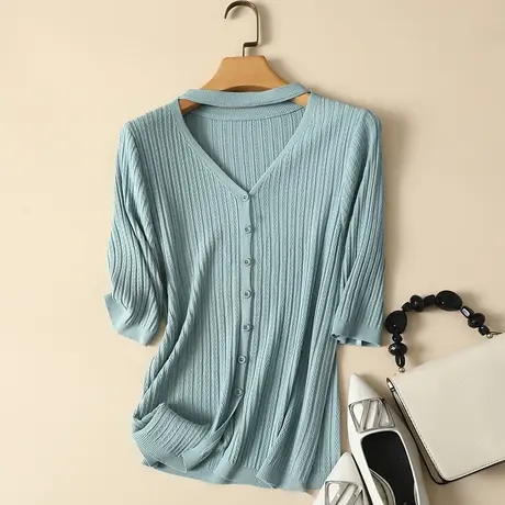 冰丝针织开衫女中袖春夏2023年新款圆领宽松显瘦薄款打底衫女上衣图片