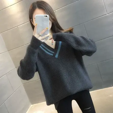 2022年秋装新款v领毛衣女宽松外穿洋气针织毛衣女内搭打底衫套头商品大图