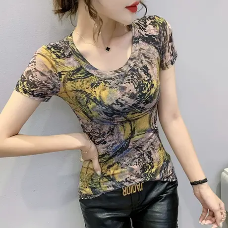 女装2023新款潮复古印花T恤女短袖夏洋气网纱上衣显瘦半袖体恤衫商品大图
