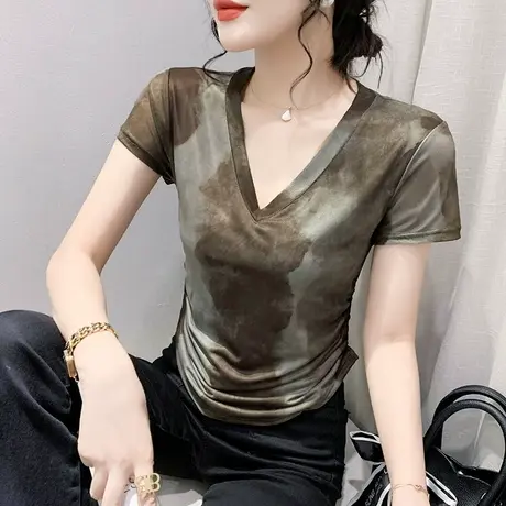 弧形下摆V领T恤女短袖洋气扎染印花小衫性感修身网纱上衣别致半袖商品大图