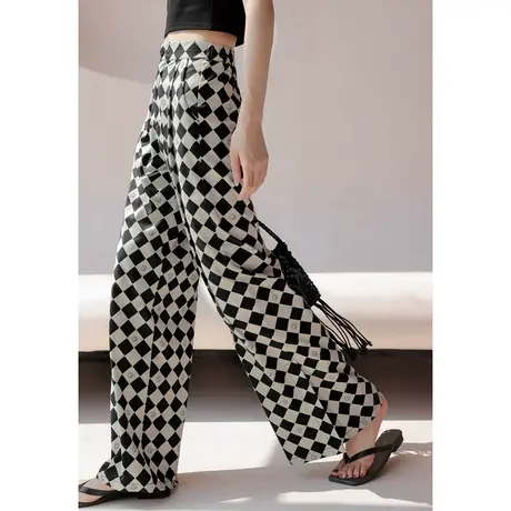 冰丝雪纺阔腿裤薄款夏季黑白格子长裤女垂感高腰裤子直筒棋盘格裤商品大图
