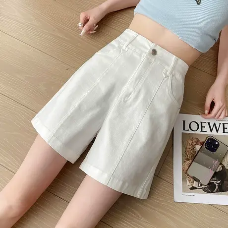 白色短裤女五分休闲2023年夏季薄款高腰a字宽松显瘦遮肉阔腿中裤商品大图