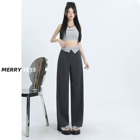 阔腿休闲裤女夏季薄款2023年新款设计感翻边拖地垂感直筒西装裤子图片