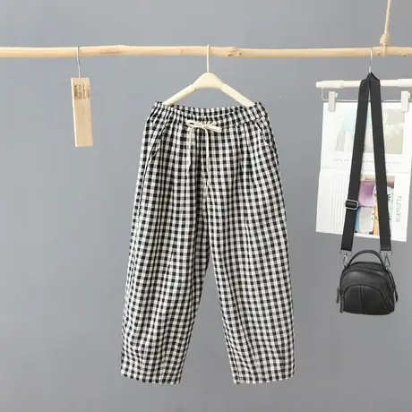 文艺范格子七分休闲裤女2023年新款高腰宽松哈伦裤百搭薄女裤显瘦商品大图