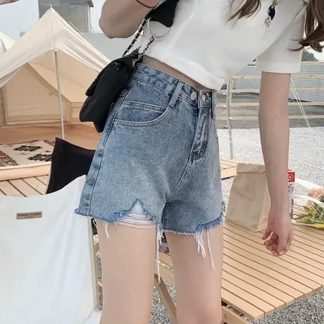 破洞牛仔短裤女2023年新款学生宽松显瘦阔腿黑色毛边a字热裤子潮商品大图