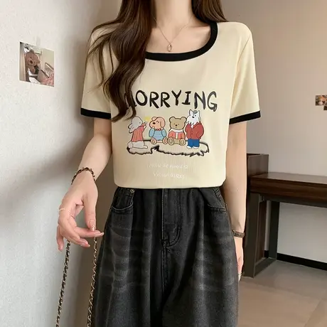 正肩方领短袖t恤女夏季2023新款设计感大码胖mm显瘦上衣体恤甜酷图片